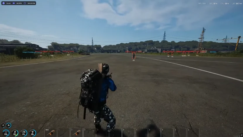 SCUM Cheats ESP overlay — player and zombie boxes with distance readouts on open servers
